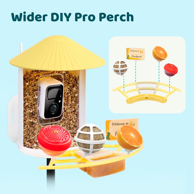 NETVUE by Birdfy Pro Perch - Wider Extension Perch to DIY Add-ons Including Suet Ball  Mini Hummingbird Feeder  Fruit Holder  Jelly Feeder and Welcome Card  Ideal for Bird Lover (Yellow) - Image 2